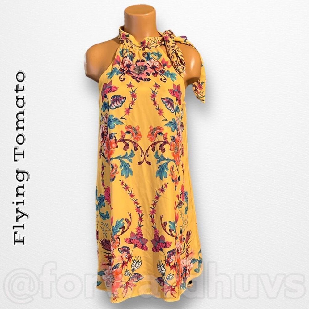 Flying Tomato Yellow Floral Halter Style Lined Mini Size Small